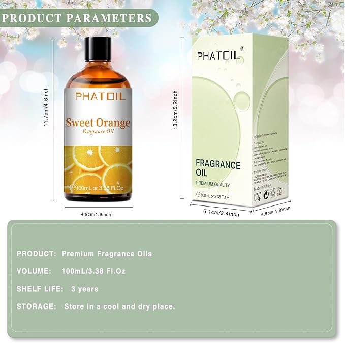 PHATOIL 100ML Sweet Orange Fragrance Oils for Aromatherapy, Diffuser Oils for Home, Perfect for Humidifier, Yoga, DIY Candle and Soap Making - 3.38FL.OZ