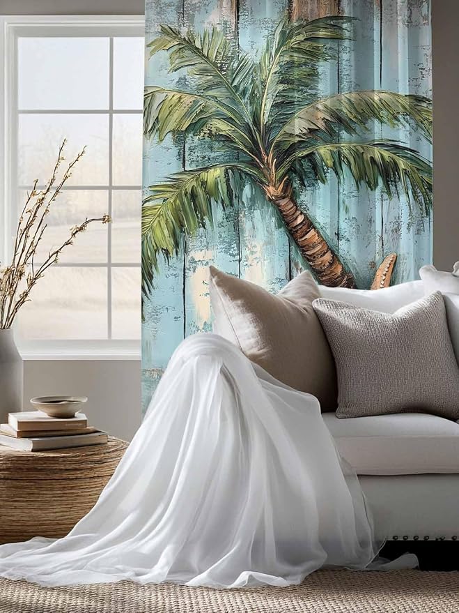 Sheer Curtains 72 Inches Long, Coastal Blue Green Tree Semi Sheer Curtains - Image 4