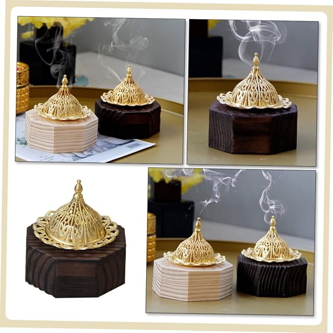 Cabilock Desktop Incense Burner Black Wooden Censer Metal Trim Octagonal Design - Image 5