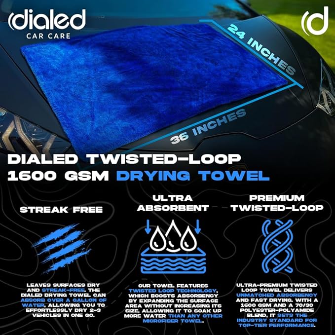 Dialed Drying Towel 1600 GSM, Premium 70/30 Blend Microfiber for Drying Cars, Trucks, SUVs. Professional Grade, Safe for Detailing + Lint Free. 24"" x 36"", Marina Blue, X-Large