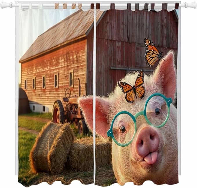 Farm Pig Living Room Curtains 84 Inch Length, Window Curtains Tab Top, by Unknown