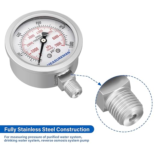 MEASUREMAN Pressure Gauge, 0-1000 PSI/kPa, Glycerin Filled, 1/4 NPT Lower Mount - Image 4