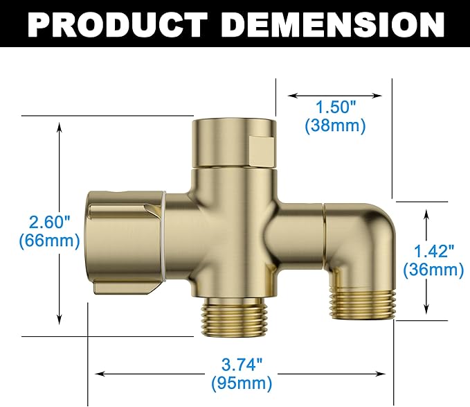 Solid Brass 3-Way Shower Arm Diverter Valve for Handheld Shower Head and Fixed Spray Head, G1/2 Universal Bathroom System Component Replacement Part (Brushed Gold)