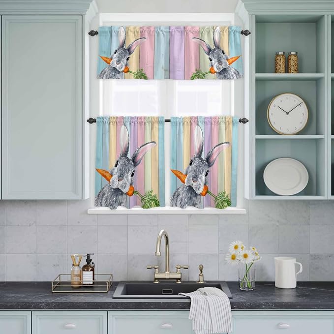 Easter Kitchen Curtain Set, Spring Grey Rabbit Carrots Colorful Wooden Plank - Image 9