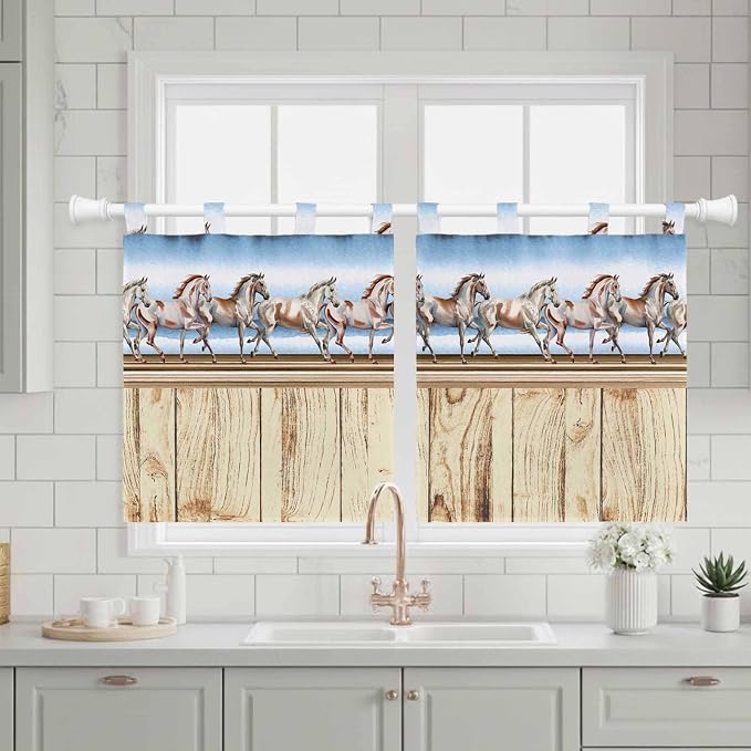 Western Horse Kitchen Curtains 24 Inch Length, Small Window Curtains Tab Top - Image 3