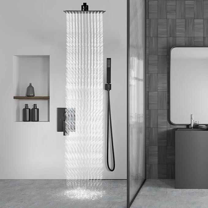 Aolemi Shower Faucet Set Rain Shower System with Handheld Spray Bathroom Shower Combo Rough-in Valve and Shower Trim Kit Included Matte Black 8 Inch Wall Mount Shower Head