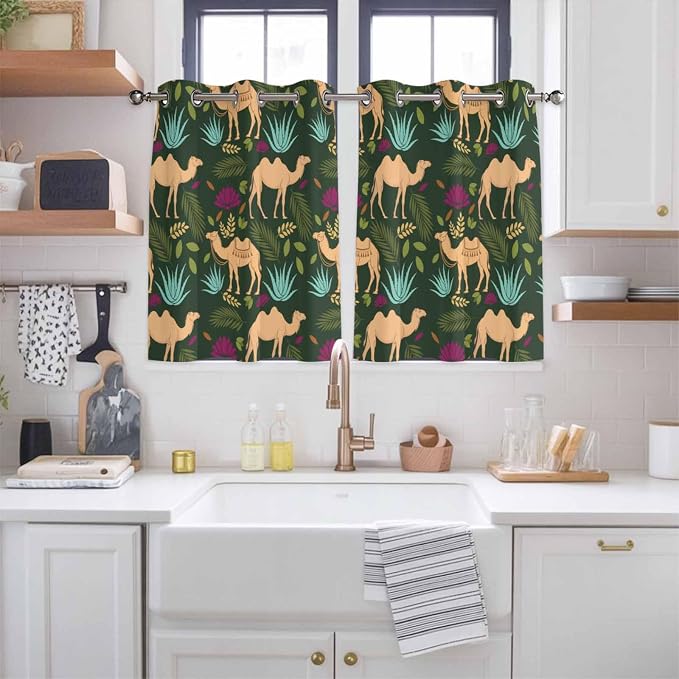 2 Panel Kitchen Cafe Curtains, Retro Desert Camel Sunlight Filtering Nature Air - Image 2
