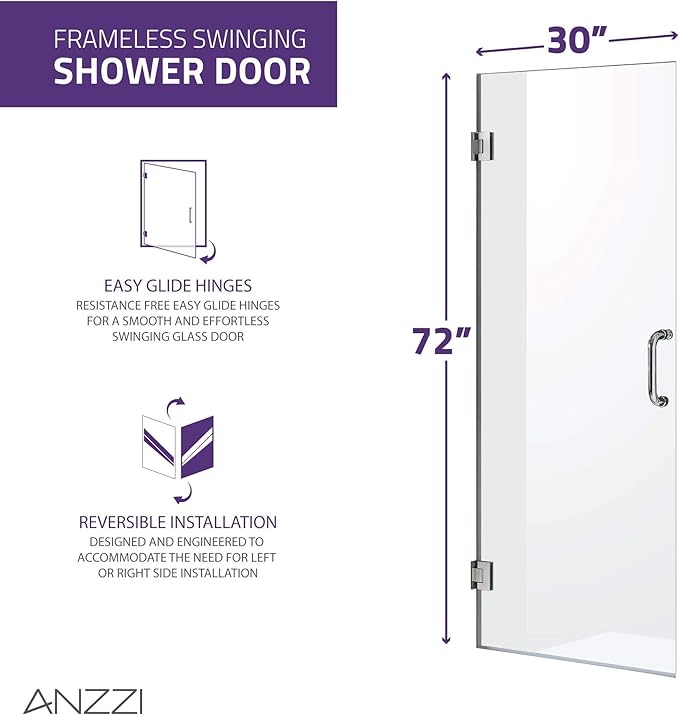 ANZZI 72" x 30" Frameless Shower Door in Brushed Nickel, Water Repellent Glass Shower Door with Seal Strip Parts and Handle, 3/8 Glass Hinged Shower Door with Handle,Series (SD-AZ09-02BN)