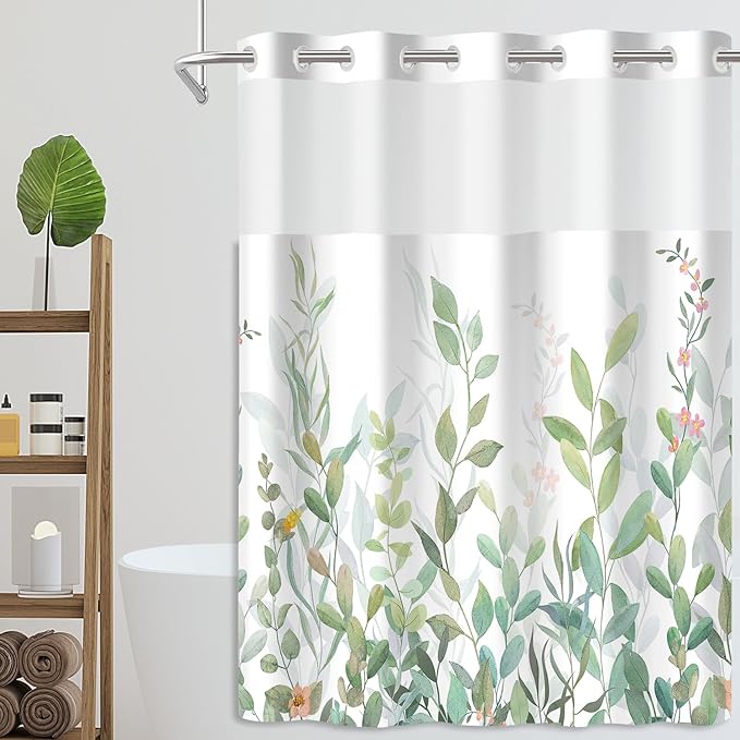 No Hook Shower Curtain Set with Snap in Fabric Liner for Bathroom,with See Through Top Window,Double Shower Curtain with Detachable Liner Replacement,Machine Washable,Green Leaves,71x74inch