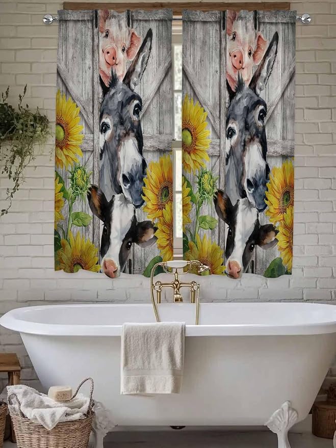 Farmhouse Bedroom Curtains 63 Inches length, Vintage Sunflowers Animals Printed - Image 7