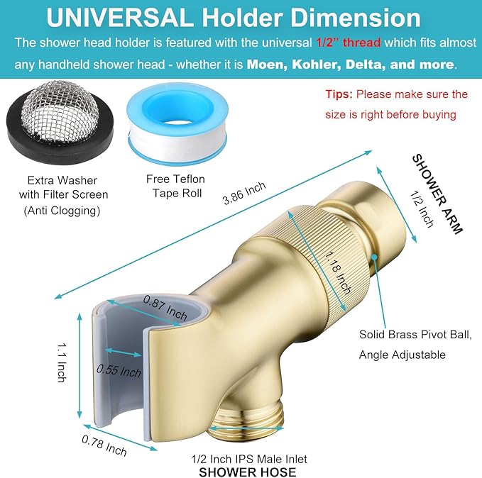 Shower Head Holder All Metal Adjustable Handheld Shower Arm Mount, 1/2" Shower Hose Holder Fits Most Hand Showerheads, Brass Hand Held Shower Head Holder , Easy to Install(Brushed Gold)