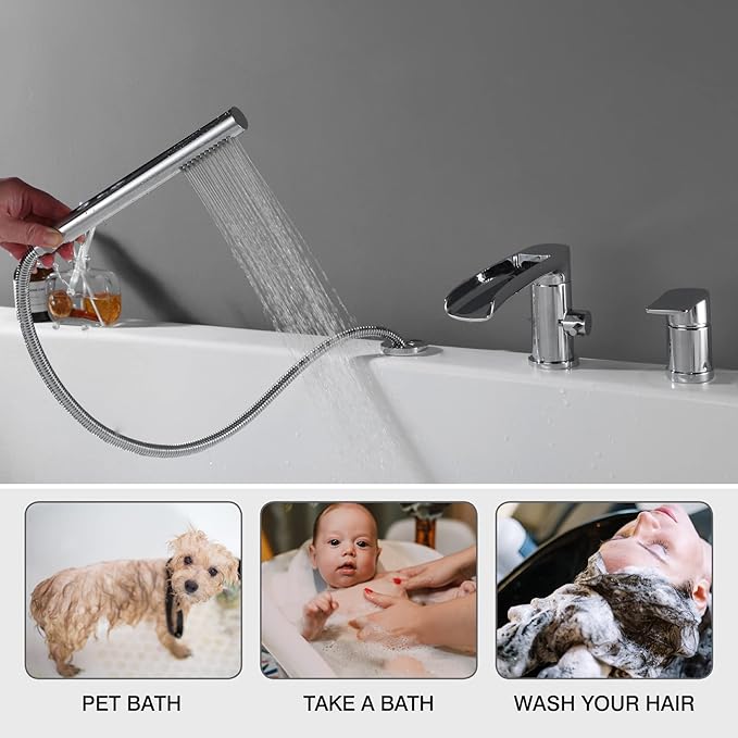 TapLong Waterfall Roman Tub Faucet with Hand Shower, Widespread Deck Mount Bathtub Faucet with Sprayer, Single-Handle 3-Holes Bathtub Shower Faucet Set in Chrome, 03119CH