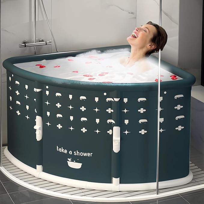 Foldable Bathtub for Adults, 28.8" Fan-Shaped Portable tub, Large Collapsible Soaking Tub Hot Bath & Ice Bath, Freestanding Corner Baths Thickened PVC No Installation Required, Indoor Outdoor