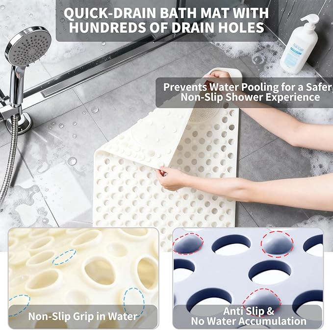 Bath Tub Shower Mat with Soft Shower Foot Scrubber Mat for Massage,Non Slip Bathtub Mat with Strong Suction Cups, Silicone Shower Foot Scrubber Mat (White, 31.5" X 19.7"(Rectangular)
