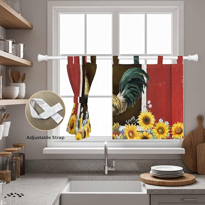 Chicken Sunflowers Kitchen Curtains 36 Inch Length, Small Window Curtains Tab - Image 5