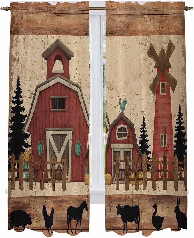 Brown Farmhouse Kitchen Curtains, Vintage Country Animals Wooden Grain Light by Unknown