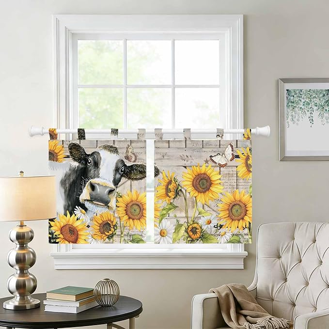 Yellow Sunflowers Kitchen Curtains 36 Inch Length, Small Window Curtains Tab Top - Image 2