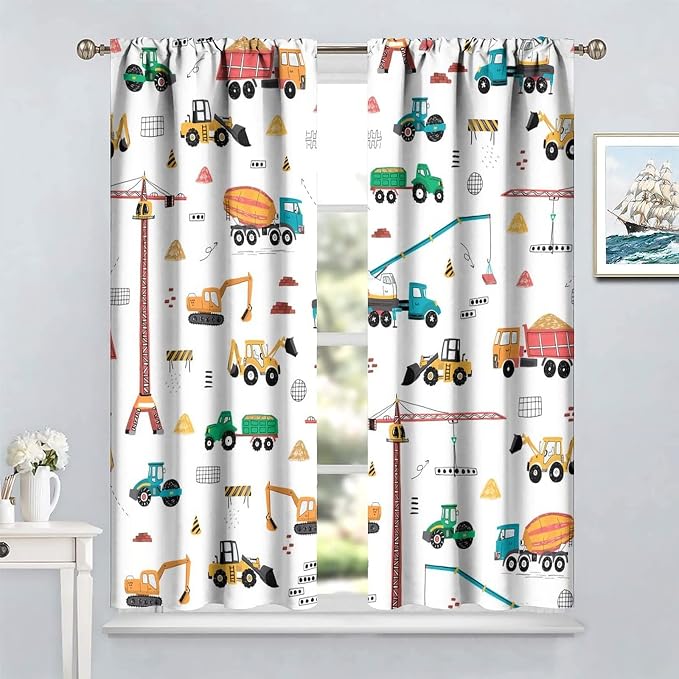 Construction Window Curtains, Kids Cartoon Construction Machines Building Hand - Image 2
