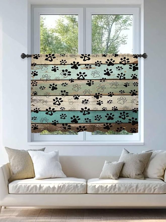 Sheer Curtains 54 Inch Length, Sage Green Brown Paw Prints Semi Sheer Curtains - Image 4