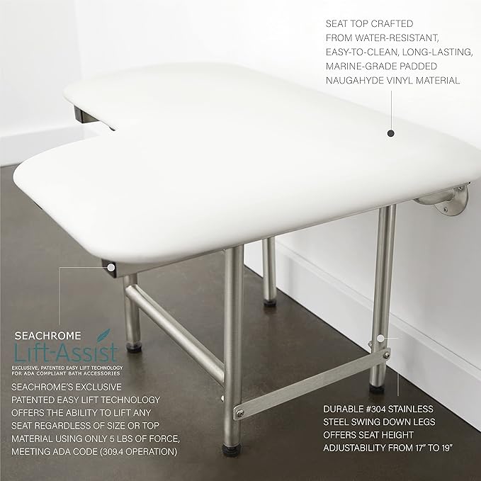 28" x 22.5" White Padded Wall Mount Folding Left-Handed Transfer Bench Shower Seat with Legs, ADA Compliant