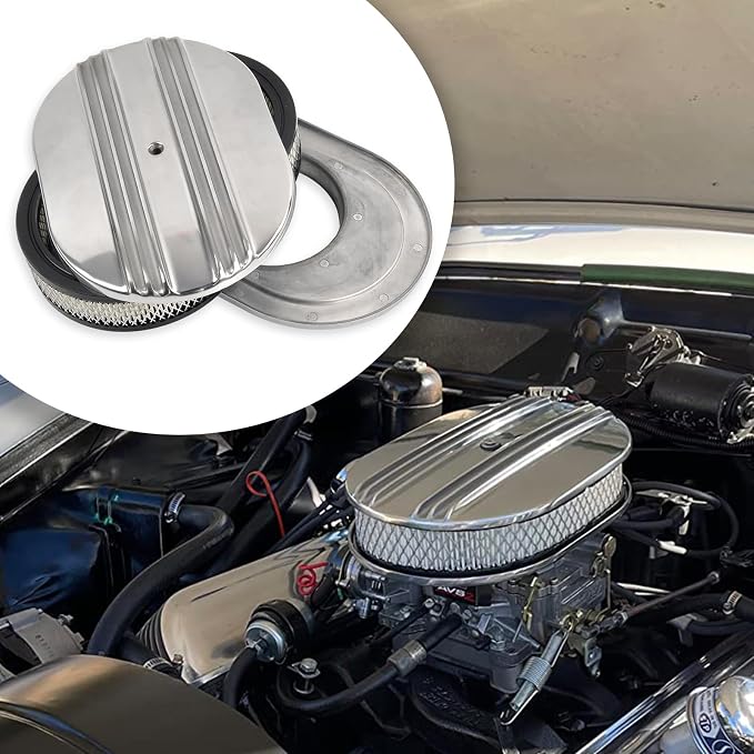 12" Air Cleaner Kit Polished Aluminum Oval Half Finned Compatible - Image 6