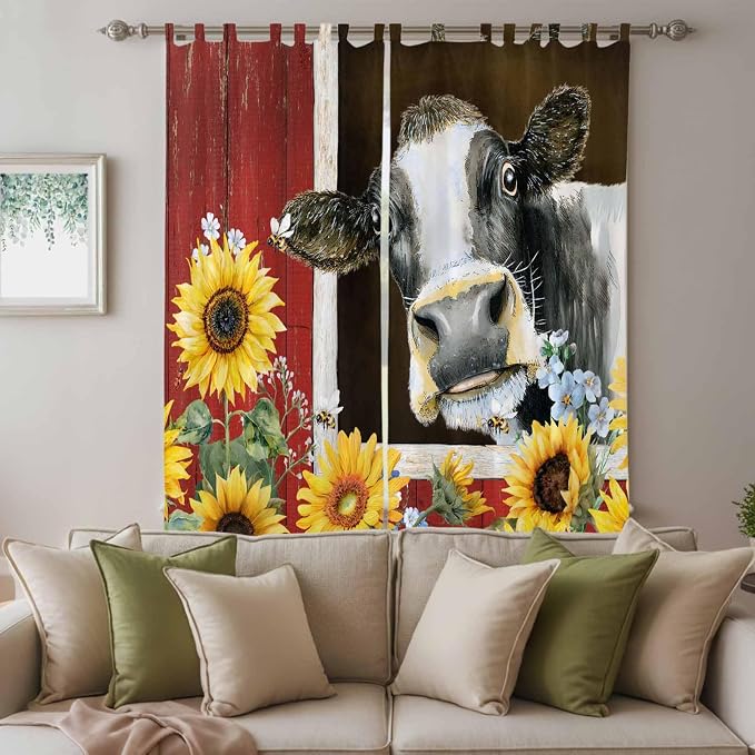 Cows Sunflowers Living Room Curtains 96 Inch Length, Window Curtains Tab Top - Image 3