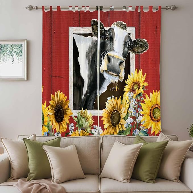 Cows Sunflowers Living Room Curtains 84 Inch Length, Window Curtains Tab Top - Image 3