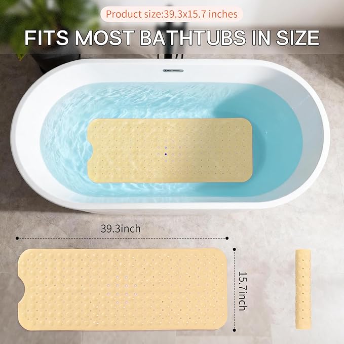 Anti-Slip Bathtub Shower mat, 39.3×15.7 inch（Approximately 100 × 40cm） Soft Oversized Machine Washable Non-Slip Bathtub mat with Drainage Holes, Bathroom Floor Suction Cup.（1-Opaque Light Yellow）