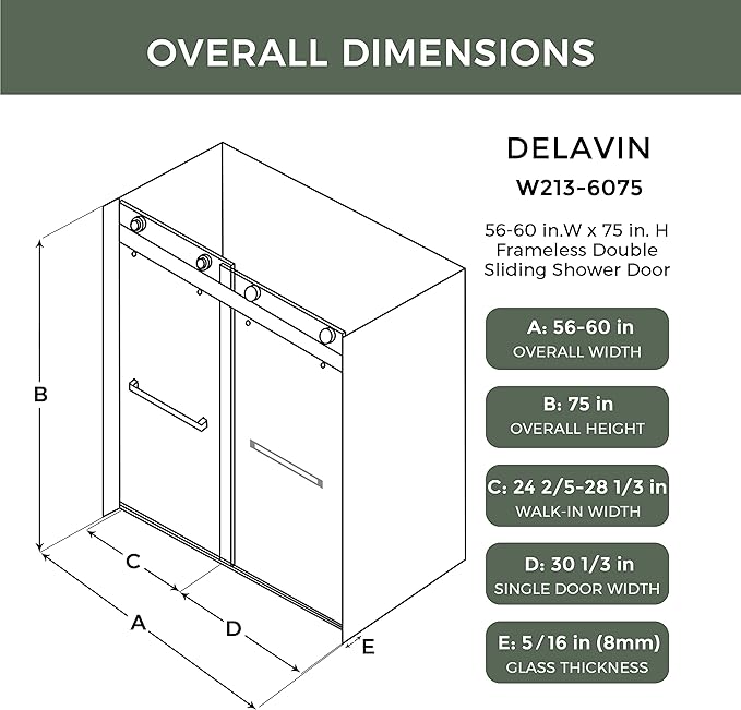 DELAVIN 56"-60" W x 75" H Frameless Shower Door, Double Sliding Shower Door, 5/16"(8mm) Clear Tempered Glass, Noiseless Shatterproof Glass Shower Doors with Square Rail, Stainless Steel, Aluminum