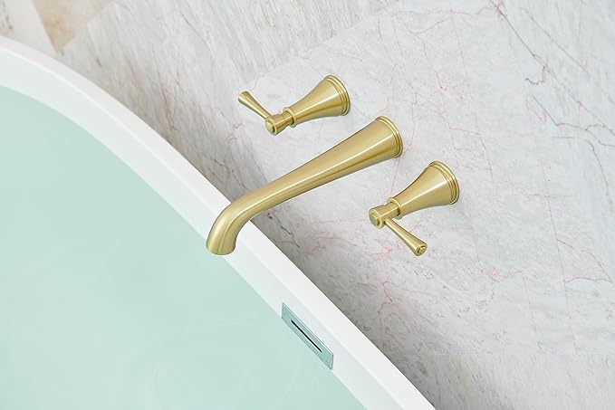 SITGES High Flow Brushed Gold Wall Mount Bathtub Faucet with Two Level Handles,Extra-Long 10.5" Spout Reach Solid Brass Wall Tub Filler with Rough-in Valve Included