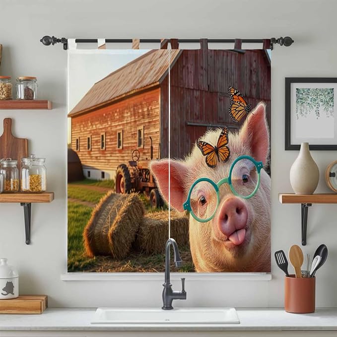 Farm Pig Living Room Curtains 84 Inch Length, Window Curtains Tab Top, - Image 3