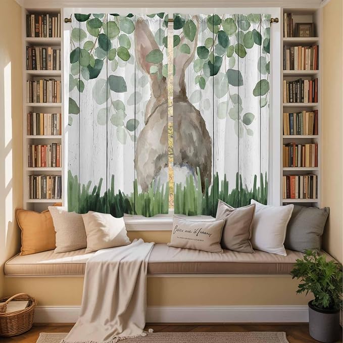 Easter Kitchen Curtains, Country Rabbit Botanical Leaves Wooden Grain Light - Image 3