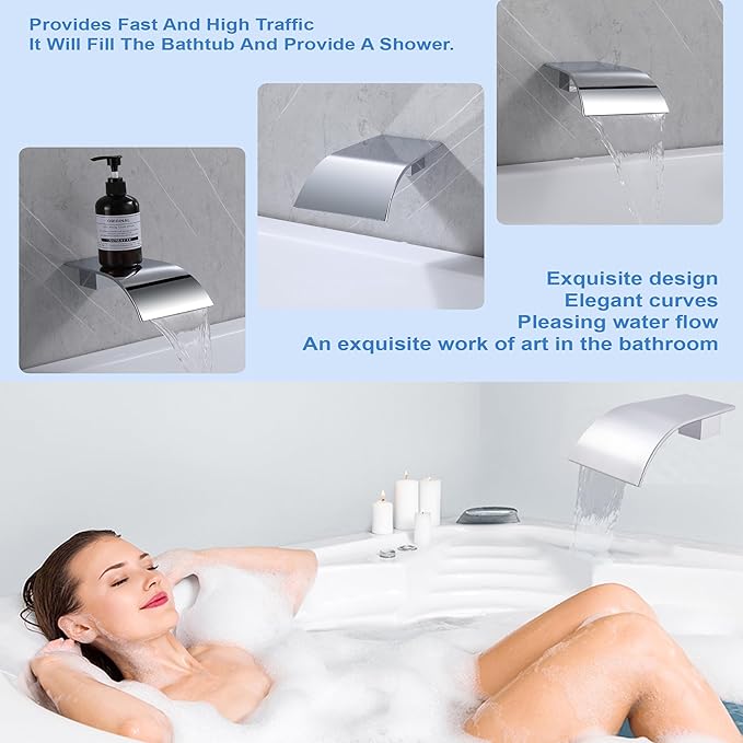 Chrome Waterfall Tub Spout Wall Mount Bathtub Faucet - High Flow Laminar Waterfall Tub Filler Faucet, Cascading Flow Spout for Vessel Sink,Bath Tub Faucet, Bathtub Fill Spout