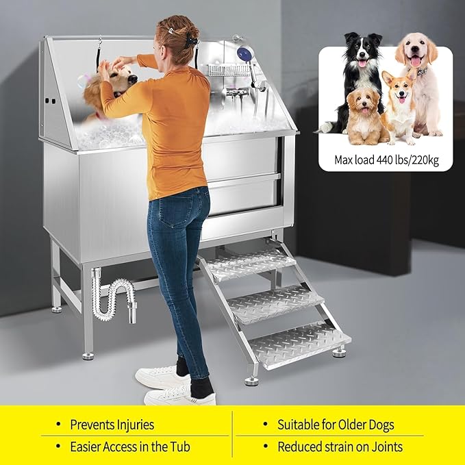 50" Stainless Steel Dog Washing Station, Pet Grooming Tub with Hot/Cold Faucet & Showerhead, Non-Slip Stairs for Small/Medium Dogs & Cats