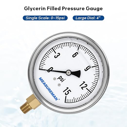 MEASUREMAN Glycerin Filled Plumbing Pressure Gauge 0-15psi Stainless Steel Case - Image 2