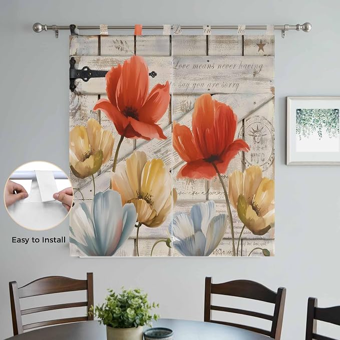 Retro Floral Bathroom Curtains 63 Inch Length, Window Curtains Tab Top - Image 4