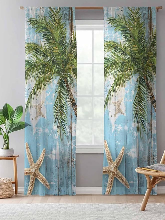 Sheer Curtains 108 Inches Long, Coastal Beach Blue Semi Sheer Curtains Light - Image 5