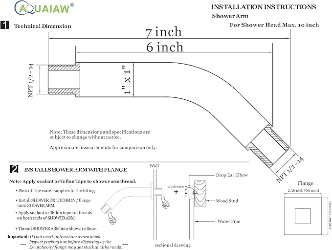 Aquaiaw Square Shower Arm and O-Ring Flange, 6 inch, Solid Brass, Both Soldered 1/2 NPT Tapered Threads, Matte Black Wall Mount Shower Arm Extension with Escutcheon, for Rainfall Shower Head Max. 10"