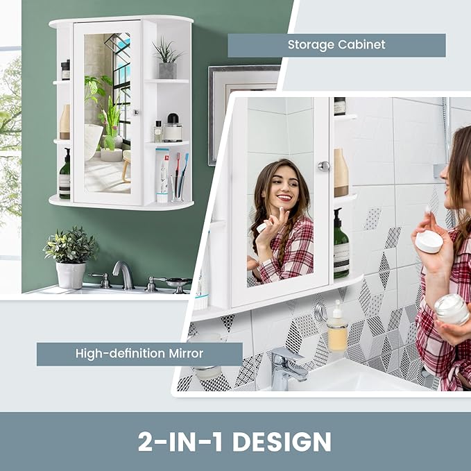 COSTWAY Wall Mounted Bathroom Cabinet, Storage Organizer with Mirror Door, 3 Adjustable Shelves & 6 Open Racks, Space-Saving Hanging Medicine Cabinet for Living Room Kitchen Entryway, White