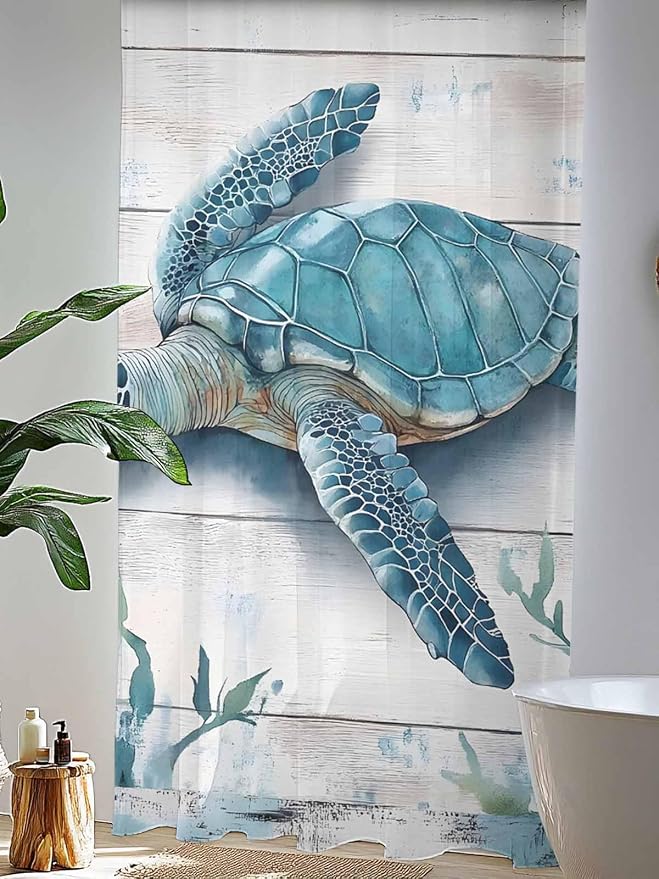 Sheer Curtains 84 Inches Long, Teal Green Sea Turtle Semi Sheer Curtains Light - Image 4