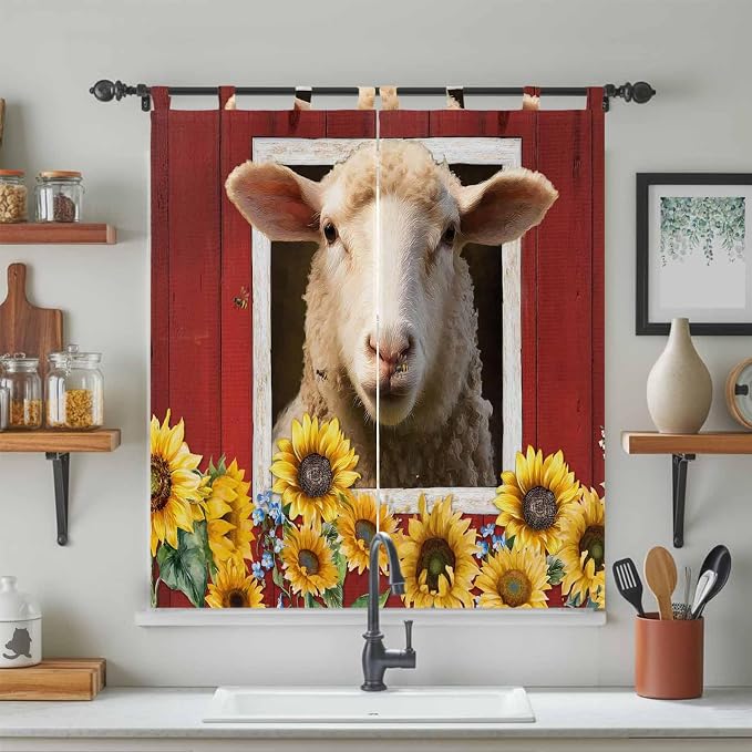Sheep Sunflower Bedroom Curtains 72 Inch Length, Window Curtains Tab Top - Image 3