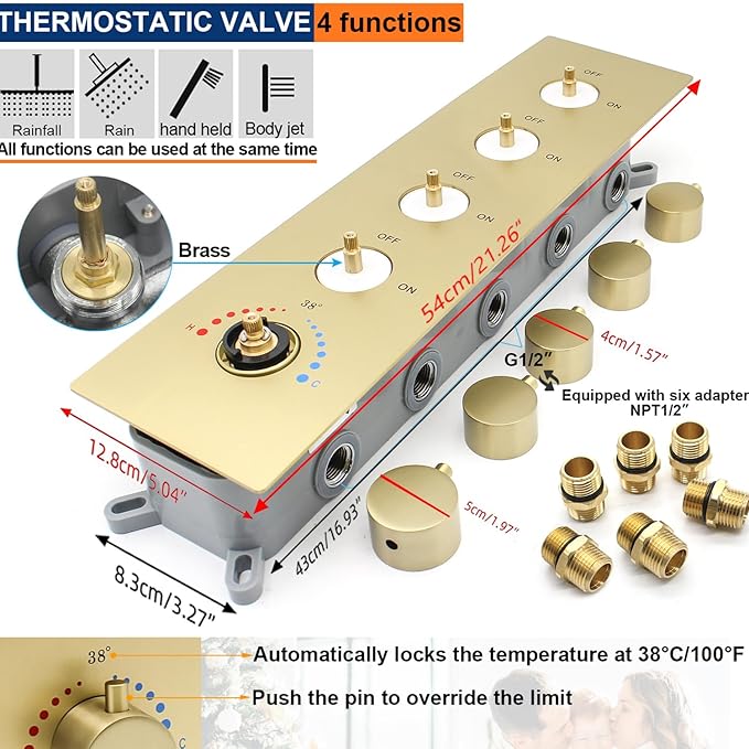 Thermostatic Shower System Dual Shower Heads with 16" Ceiling Mounted Rain Shower Head & 6" Wall Mounted Head 4 Function Shower System with body jets Can All Run Together, Brushed Gold