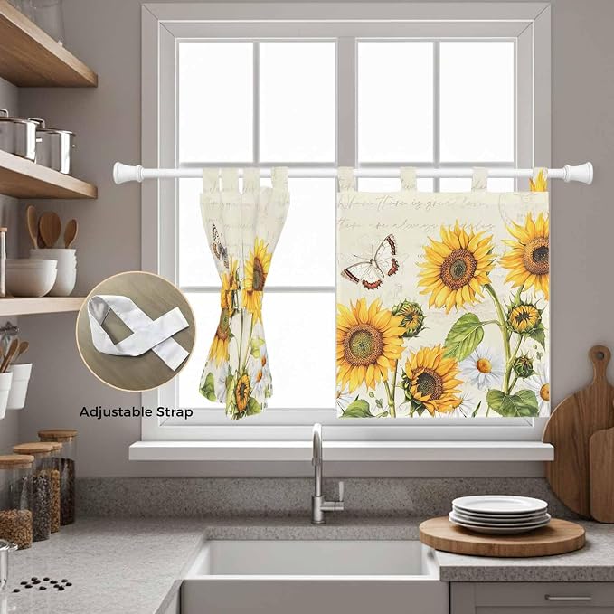 Farm Sunflowers Kitchen Curtains 36 Inch Length, Small Window Curtains Tab Top - Image 5