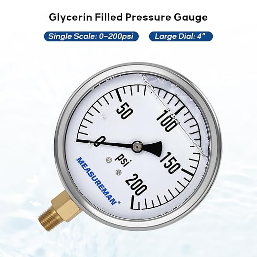 MEASUREMAN Glycerin Filled Plumbing Pressure Gauge 0-200psi Stainless Steel Case - Image 2