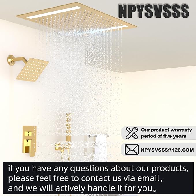Rain Shower Head System with 14x20 Inch Ceiling Mount LED Head & 6 Inch Wall Head and Handheld Shower 3 Way Pressure Balance Valve Kit,Brushed Gold