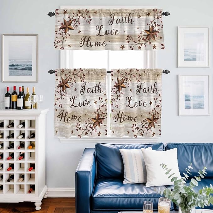 Kitchen Curtains Tiers and Valance Set of 3, Texas Star Brown Light Filtering - Image 6
