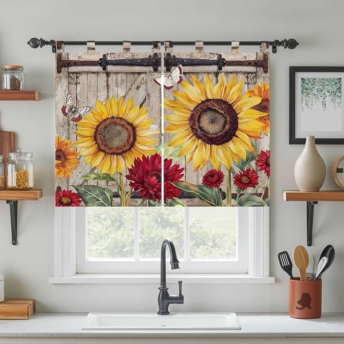 Sunflowers Bedroom Curtains 63 Inch Length, Window Curtains Tab Top, Retro - Image 3