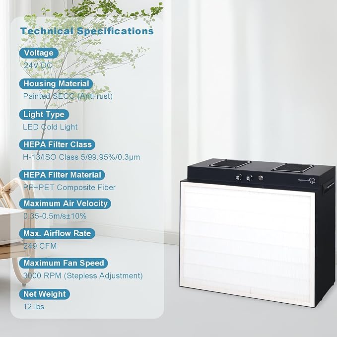 Laminar Flow Hood with H13 HEPA Filter (20"x15"）, FFU Class 100 / ISO 5 Clean - Image 5