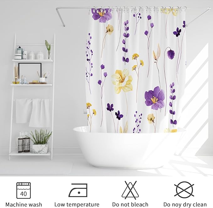 Gibelle Watercolor Floral Shower Curtain, Purple Yellow Flower Shower Curtain for Bathroom, Modern Minimalist Waterproof Fabric Shower Curtain Set 72x72 Inch