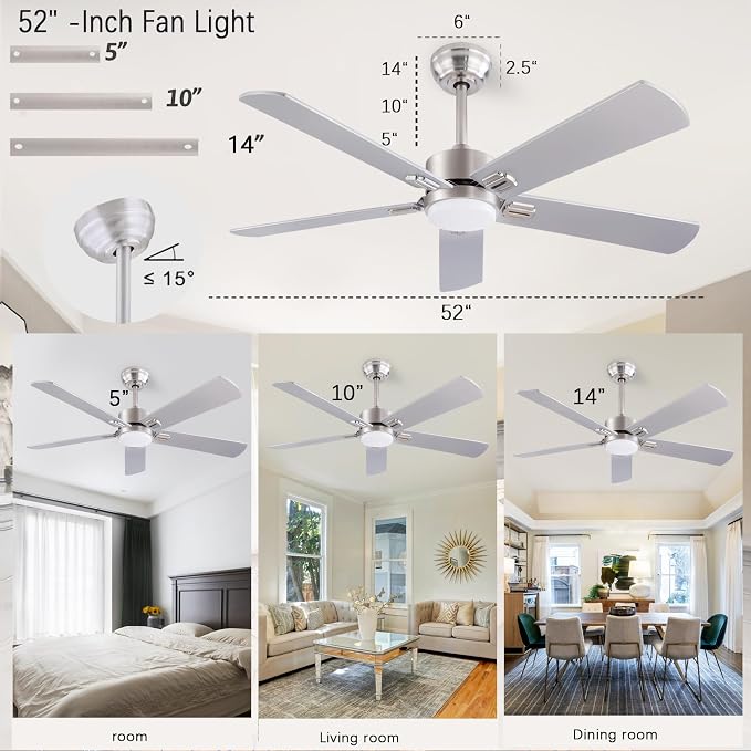 QUTWOB 52" Ceiling Fans with Light and Remote, Farmhouse 5 Blades Quiet - Image 2